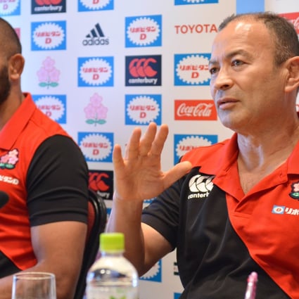 Japan coach Eddie Jones, flanked by captain Michael Leitch, says  the clash against Italy will be their toughest match of the year. Photo: AFP