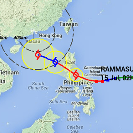 Typhoon Rammasun will hit the Philippines before entering the South China Sea and possibly heading towards Hong Kong, pushing bad weather ahead of it. Graphic: Hong Kong Observatory