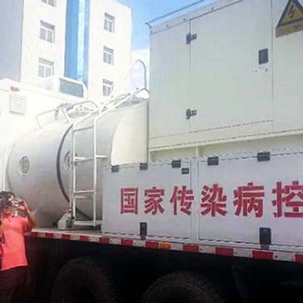 A truck loaded with disinfectant in Yumen. Photo: SCMP Pictures