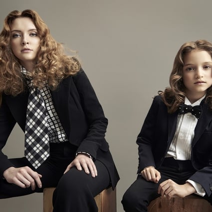 Julia (left) wears a wool suit (HK$28,500), checked shirt (HK$6,300) and tie, by Ralph Lauren (inquiries: 2721 1908). 
Eva (right) wears a pleated shirt (HK$1,020) and suit jacket (HK$2,250), both by Ralph Lauren. The trousers (HK$3,300) are by Burberry. The bow-tie, stylist's own.