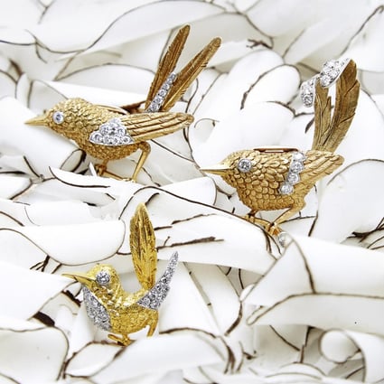 Diamond and gold birds by Cartier (large, HK$113,000; small, HK$110,000) are part of the sale at Palais Royal Paris boutique.