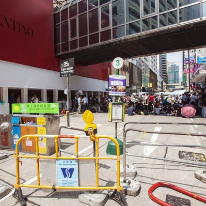 Metal barricades and a truck were used to block a section of Canton Road in an apparently spontaneous sit-in by a few hundred protesters in Tsim Sha Tsui on Tuesday night. Photo: EPA