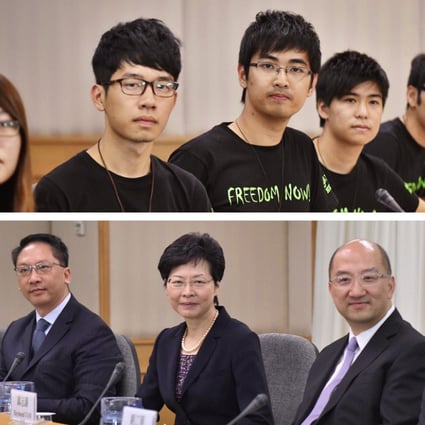 (From top left) Leaders of the Hong Kong Federation of Students Yvonne Leung, Eason Chung, Alex Chow, Lester Shum and Nathan Law. (From bottom left) Hong Kong government representatives Edward Yau, Rimsky Yuen, Carrie Lam, Raymond Tam and Lau Kong-wah. Photos: AFP