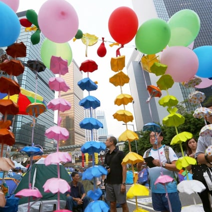 Paper umbrellas hang at the Admiralty protest site. Photo: Sam Tsang