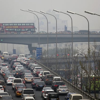 Heavy traffic clogs the roads in Beijing during rush hour on Wednesday morning beneath polluted skies. Photo: AP 