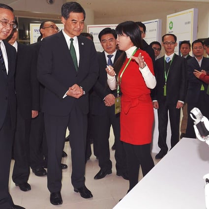 Chief Executive Leung Chun-ying visits an exhibition at the Qianhai youth innovation and entrepreneur hub. Photo: SCMP