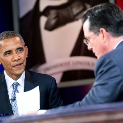 US President Barack Obama (left) talks to television personality Stephen Colbert. Photo: EPA