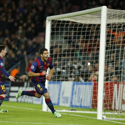 Barcelona's Luis Suarez celebrates scoring  against Paris Saint-Germain. Photo: Xinhua
