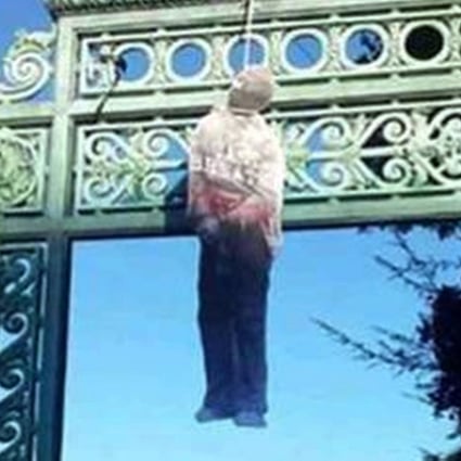 Body-sized cardboard effigies of lynching victims were seen hanging by nooses at the University of California, Berkeley.