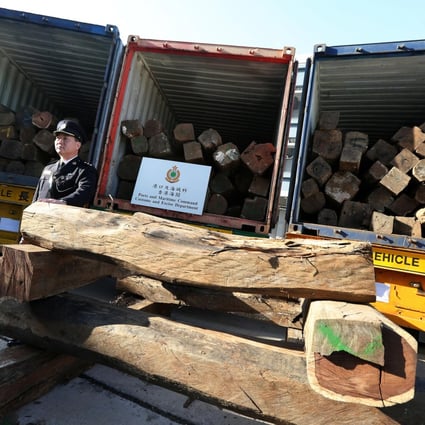 The 92-tonne haul of illegal rosewood is held at customs' warehouse in Kwai Chung. Photo: Nora Tam