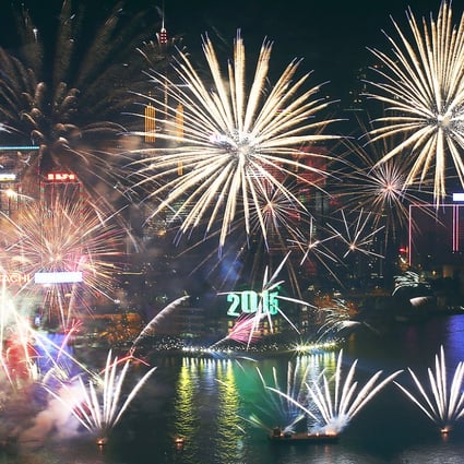 Fireworks over Victoria Harbour to mark the start of 2015 in Hong Kong. Photo: Nora Tam