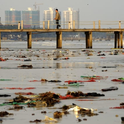 Plastic litters a beach at Wenchang in Hainan. Photo: China Foto Press