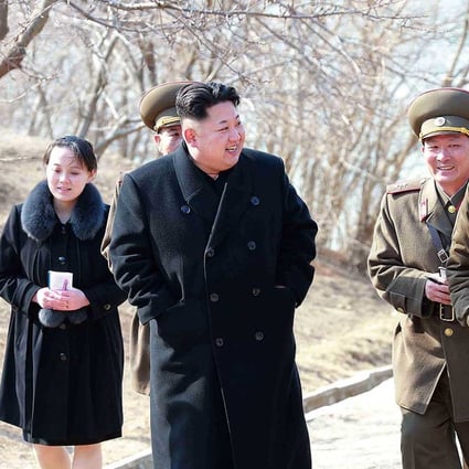 North Korean leader Kim Jong-un tours a military unit on an island off the North Korean coasr near the sea border with South Korea. Kim's younger sister, Kim Yo-jong, is seen in the background. Photo: EPA