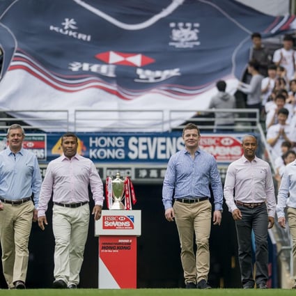 "Visiting these great stadiums always reminds me of my own playing days," says Brian O’Driscoll (third right) as he is joined by fellow HSBC ambassadors Gavin Hastings, Waisale Serevi, George Gregan and Jonathan Davies at the Hong Kong Stadium ahead of this weekend’s Cathay Pacific/HSBC Hong Kong Sevens. Photo: SCMP Picture
