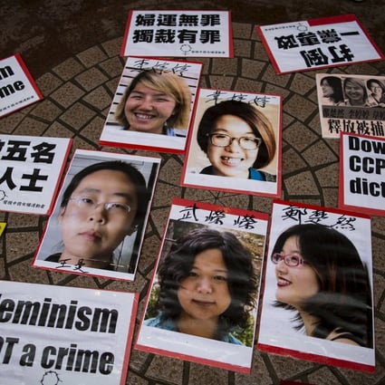 Portraits of the five women shown during a protest in Hong Kong calling for their release. Photo: Reuters