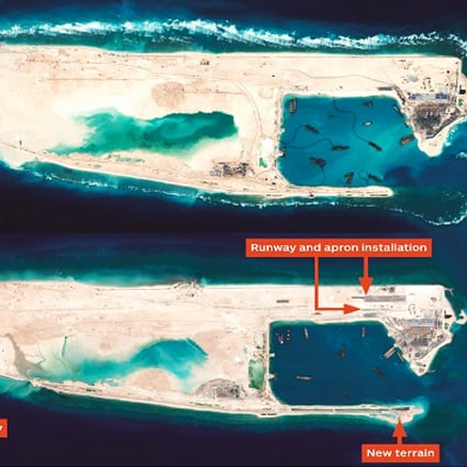 (Click here to zoom in) Two satellite image, from February 6 and March 23, showing China's rapid progress in building an airstrip on the disputed Spratly Islands. Photo: CNES 2015, Distributed by IHS Jane's Defence Weekly