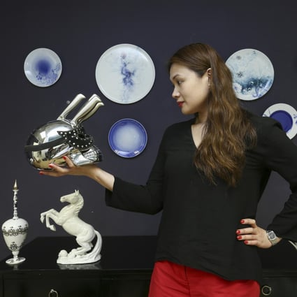 Monica Tsang with her skull knife and other designs (below). Photos: Jonathan Wong