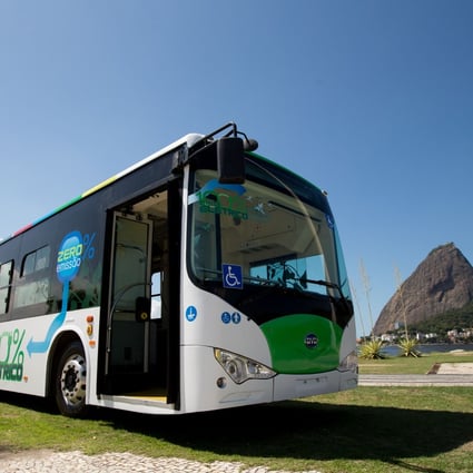 A BYD electric bus in Brazil. The company has complained about the difficulty of selling overseas. Photo: Xinhua.