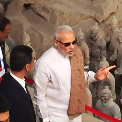 Indian Prime Minister Narendra Modi visits the site of the Terracotta Army in Xian on Thursday on the first day of his visit to China. Photo: Xinhua weibo