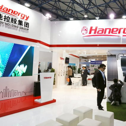 A Hanergy booth at an exhibition in China. Hanergy Thin Film Power said on Monday it has called off an US$585 million sales of equipment to parent firm Hanergy Holding. Photo: Reuters