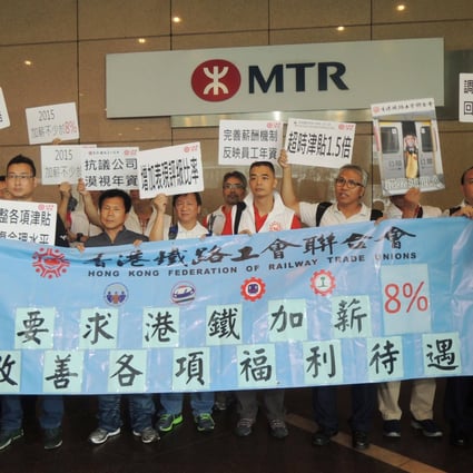 Union members protest at MTR headquarters. Photo: SCMP Pictures