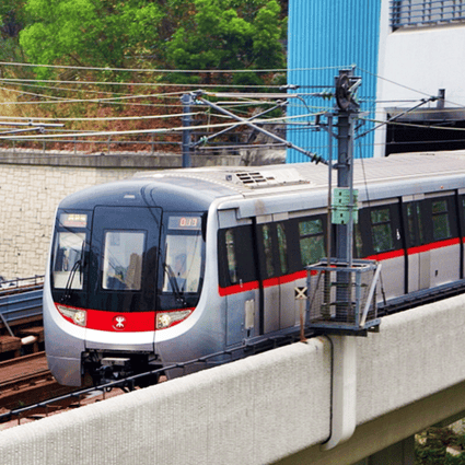 A MTR C-Train approaching Kowloon Bay station delivered by mainland maker CNR Changchun Railway Vehicles Co., Ltd. in 2011.