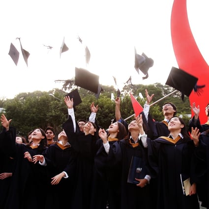 Students from the Hong Kong University of Science and Technology's business school celebrate their graduation.  Salaries for fresh graduates have fallen, research has found. Photo: SCMP Pictures