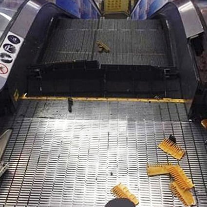A cleaner mopping an escalator at a Shanghai mall had to have his foot amputated after it was caught in the machine on Saturday. Photo: SCMP Pictures