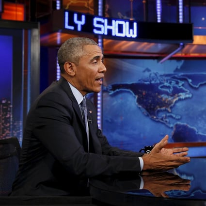U.S. President Barack Obama speaks on his climate change initiatives among other goals for his remaining 18 months on The Daily Show, during Jon Stewart's last weeks on the show. Photo: Reuters