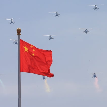 PLA helicopters fly over Beijing on Sunday during the rehearsal for the September 3 military parade marking the 70th anniversary of Japan's surrender. Photo: Xinhua
