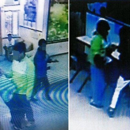 A male employee (left) at the Diamond Hill centre of Hong Chi Association yanking a woman's shirt collar with his right hand. Another case (right) involved a 50-year-old female member at the same centre who was allegedly force fed by two employees during a dinner. Photo: Fernando Cheung
