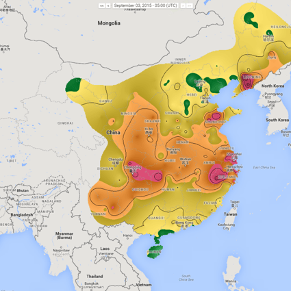 A map of pollution levels across China, as of September 3, 2015. Photo: SCMP Pictures