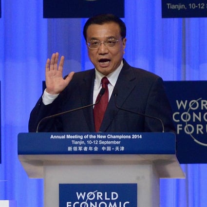 Chinese premier Li Keqiang speaks at the 2014 World Economic Forum summit in Dalian, China. Photo: AFP