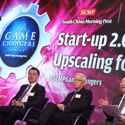 Speaking at the SCMP Game Changers forum, panelists Wu Po-chi of HKUST, Witman Hung of the Hong Kong Shenzhen Qianhai Authority, ASTRI's Franklin Tong, and Simon Wong of the LSCM R&D Centre discuss smart cities. Photo: Cheng Kok-yin