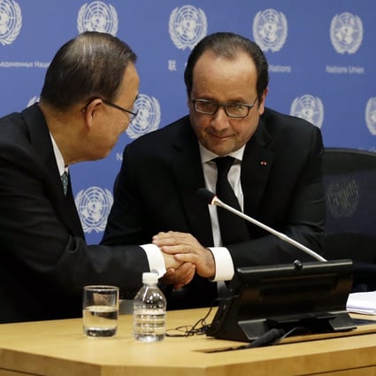 UN Secretary General Ban Ki-moon (left), French President Francois Hollande and Peruvian President Ollanta Humala attend a press conference on Sunday on the sidelines of their climate change meeting in New York. Photo: EPA 