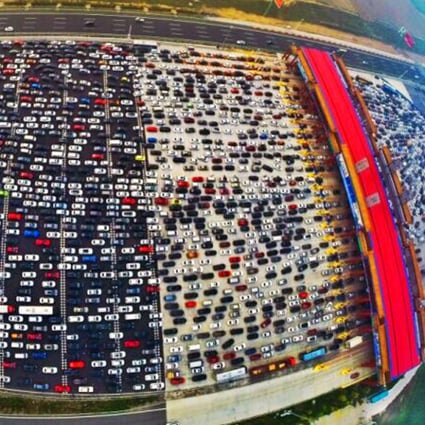 A bird's-eye view of vehicles as motorists queue up to pass through a road toll as they head into Beijing on Tuesday. Photo: SCMP Pictures