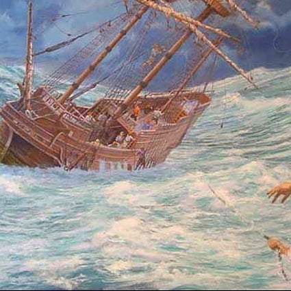 The painting "Howland Overboard", by artist Mike Haywood, depicts the young Pilgrim's rescue after he fell overboard from the Mayflower.