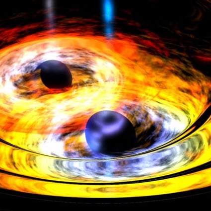 An illustration of two black holes colliding. Photo: NASA