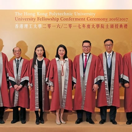 The seven distinguished recipients include Mr Alex Lui Chun-wan (2nd from the left), Professor Wucius Wong, Ms Irene Chow Man-ling, Mrs Yvonne Law Shing Mo-han, Dr Allen Shi Lop-tak, Mr Chao Chen-kuo and Mr Alex Wong Siu-wah. Conferment ceremony was presided over by Mr Chan Tze-ching (right), Chairman of the University Council. The recipients were warmly greeted by PolyU President, Professor Timothy W. Tong (left).