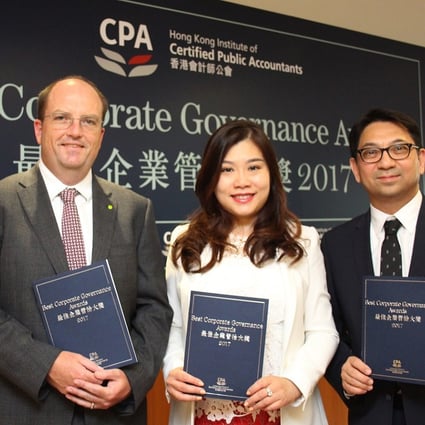 (From left): Derek Broadley, chairman of the organising committee of the 2017 Best Corporate Governance Awards; Mabel Chan, president of the Hong Kong Institute of Certified Public Accountants and chair of the judging panel for the 2017 Awards; and Patrick Rozario, chairman of the review panel of the 2017 Awards.  Photo: Chen Xiaomei