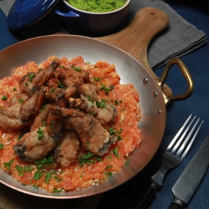 Sauteed frog legs with tomato concasse and mushy peas. Photo: Jonathan Wong
