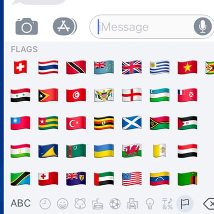 The emoji keyboard and Taiwan flag emoji as seen in two iPhones, one with region set to Hong Kong (left) and another to China (right). 
