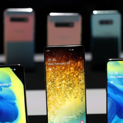 Smartphones from the Galaxy S10 series displayed during the Samsung Unpacked event on February 20, 2019 in San Francisco. (Picture: Justin Sullivan/AFP)