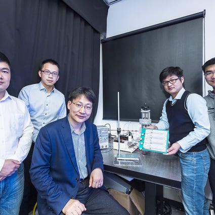 Members of the CityU research team: (from left) Mr Zheng Huanxi, Mr Xu Wanghuai, Professor Wang Zuankai, Dr Zhang Chao and Song Yuxin.