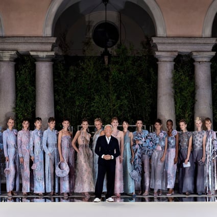 King of Italian fashion Giorgio Armani with his nymphs wearing the ethereal and feminine Spring/Summer 2020 collection.