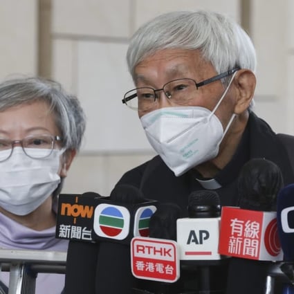 Defendants Cyd Ho and Cardinal Joseph Zen speak to the media after the sentencing at West Kowloon Court on Friday. Photo: Edmond So