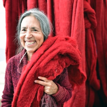 Chilean artist Cecilia Vicuna with one of her works at the Documenta 14 art show in Kassel, Germany, on June 8, 2017. Photo: Getty Images