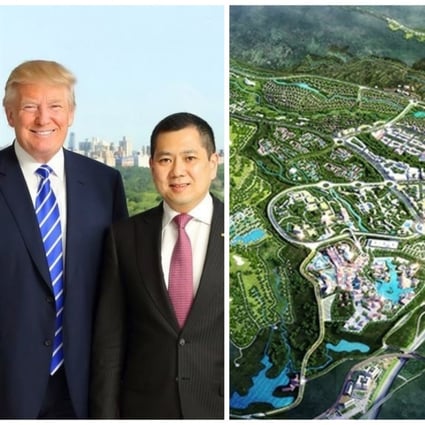 Donald Trump with Indonesian tycoon Hary Tanoesoedibjo and the overview of their coming tourism development, Lido City. Photo: @CoconutJakarta/ Twitter; MNC Land