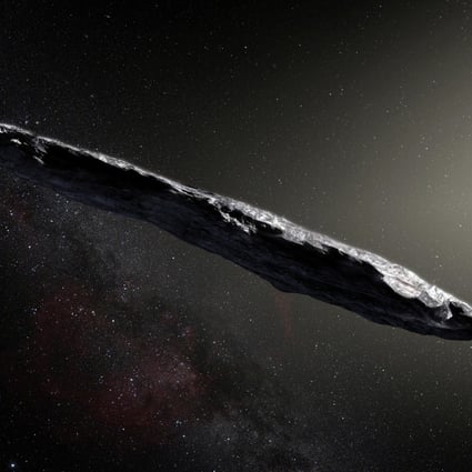 This artist’s impression shows the first-known interstellar object to visit the solar system, ‘Oumuamua. Photo:  European Southern Obervatory/M. Kornmesser/ Reuters