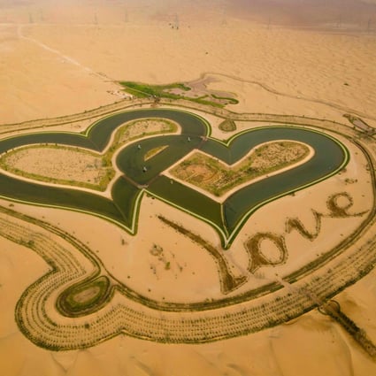 The new man-made “Love lake” at al-Qudra desert in the Gulf emirate of Dubai in 2019. Photo: AFP